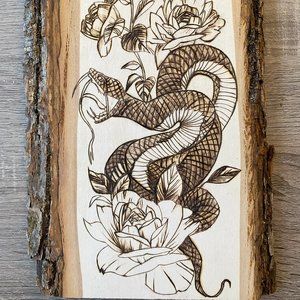 Hand-drawn and Wood-burned Snake with Flowers